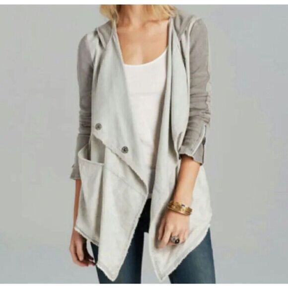 Free People Gray Drippy Linen Asymmetrical Snap Hoodie Jacket Small EUC - Picture 1 of 8